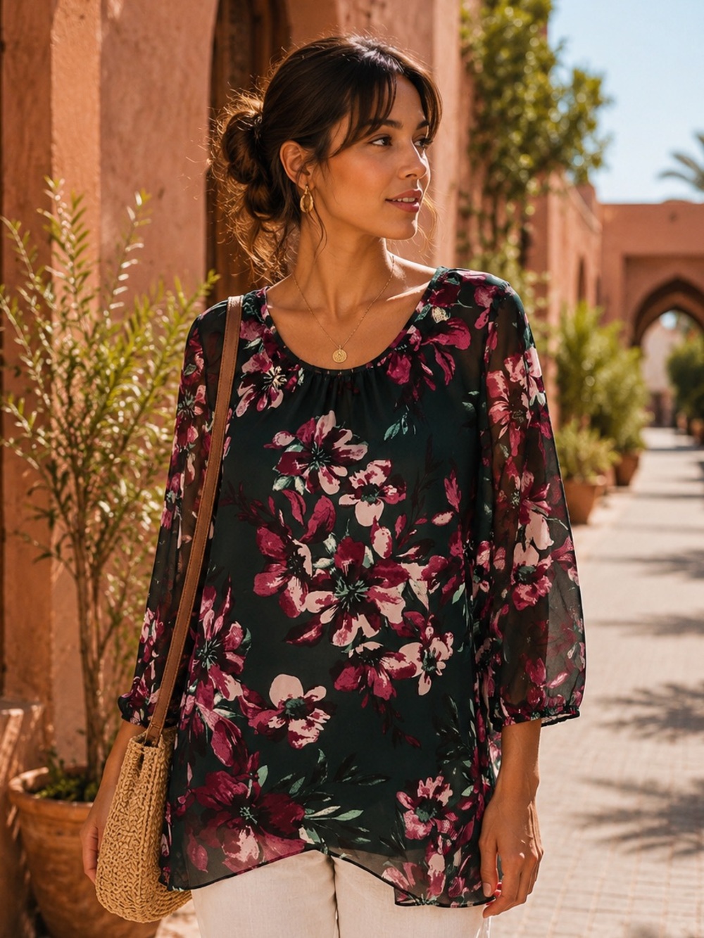 Kasper Dark Green and Pink Floral Blouse